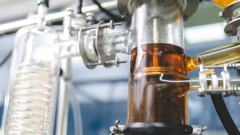 Apparatur zur Extraktion von Delta-10-THC in einem Labor, symbolisiert die Herstellung von Cannabinoiden.