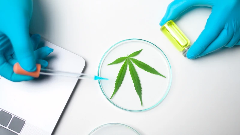 Laboruntersuchung eines Cannabisblattes in einer Petrischale, symbolisiert die Erforschung synthetischer Cannabinoide.